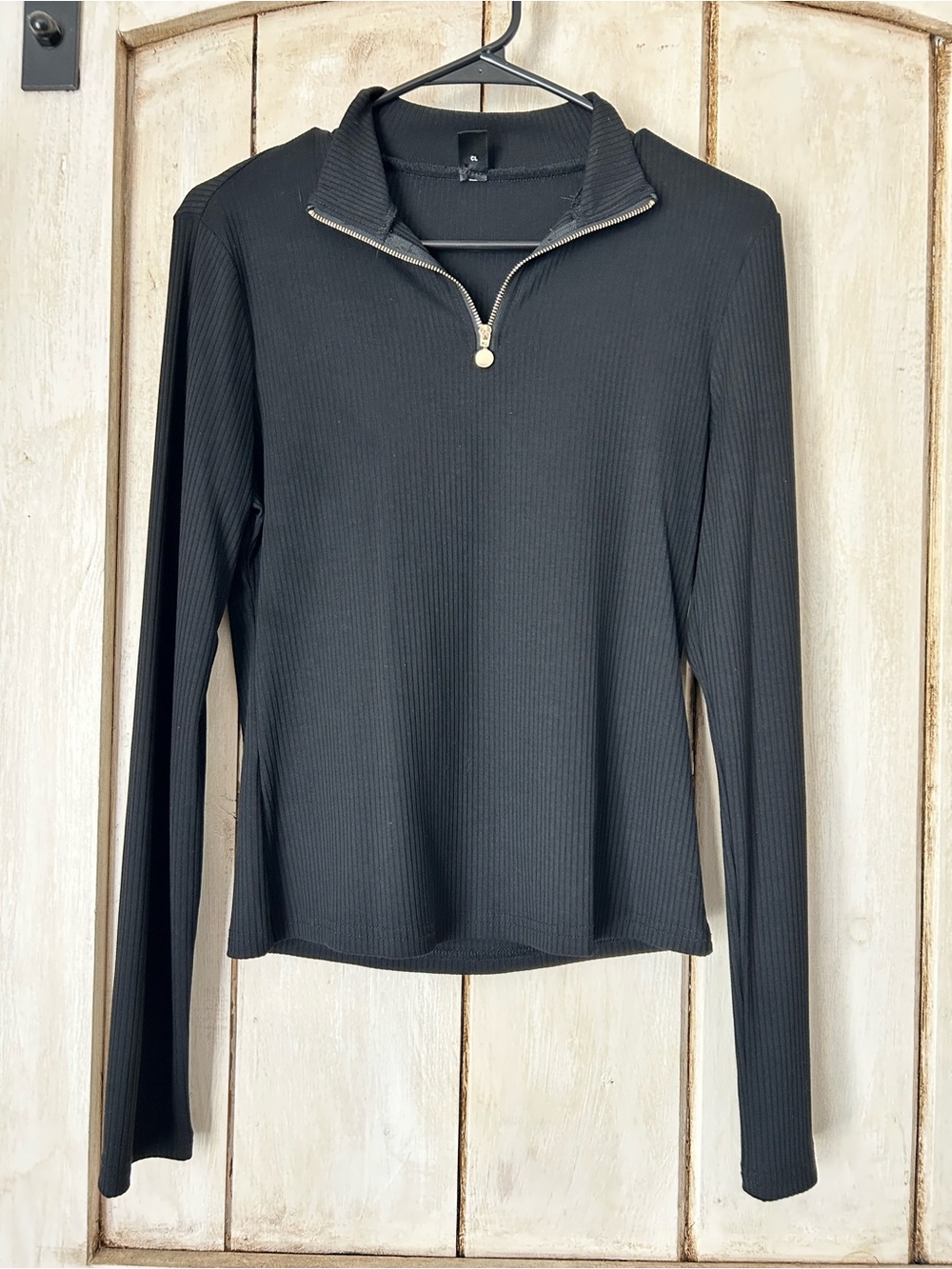 SHEIN Black Ribbed Long-Sleeve Half-Zip Top